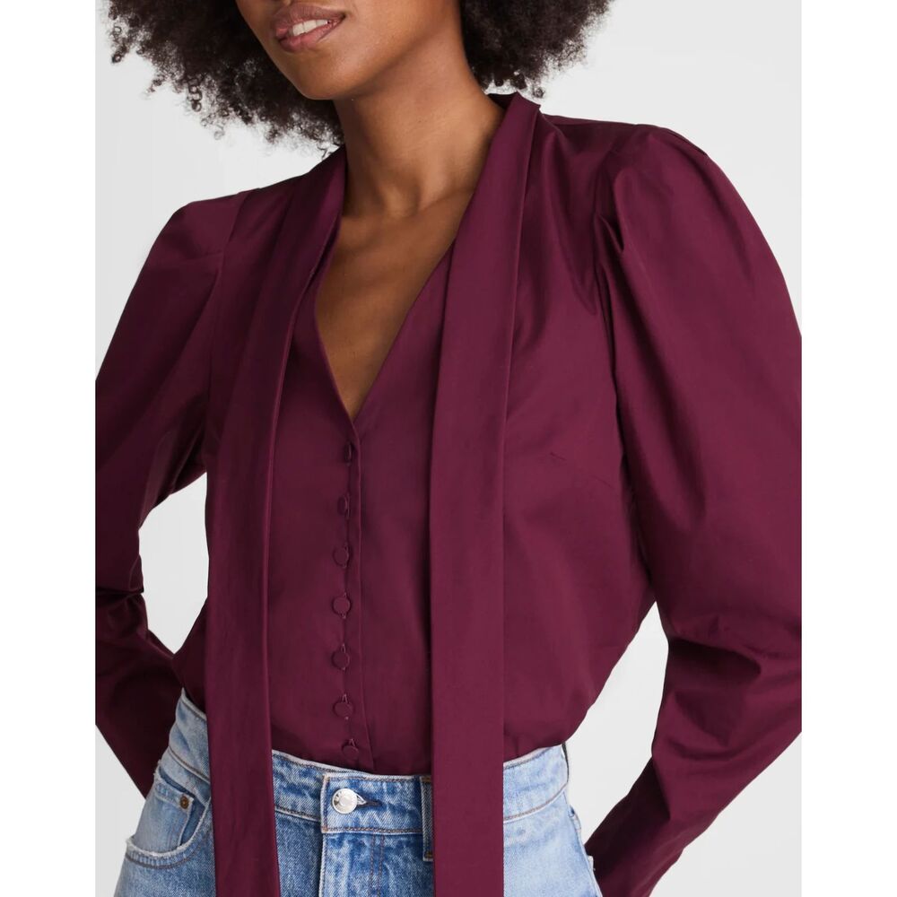 Madewell Dark Pomegranate Cotton Poplin Puff Sleeve Button-Front Tie Top Small